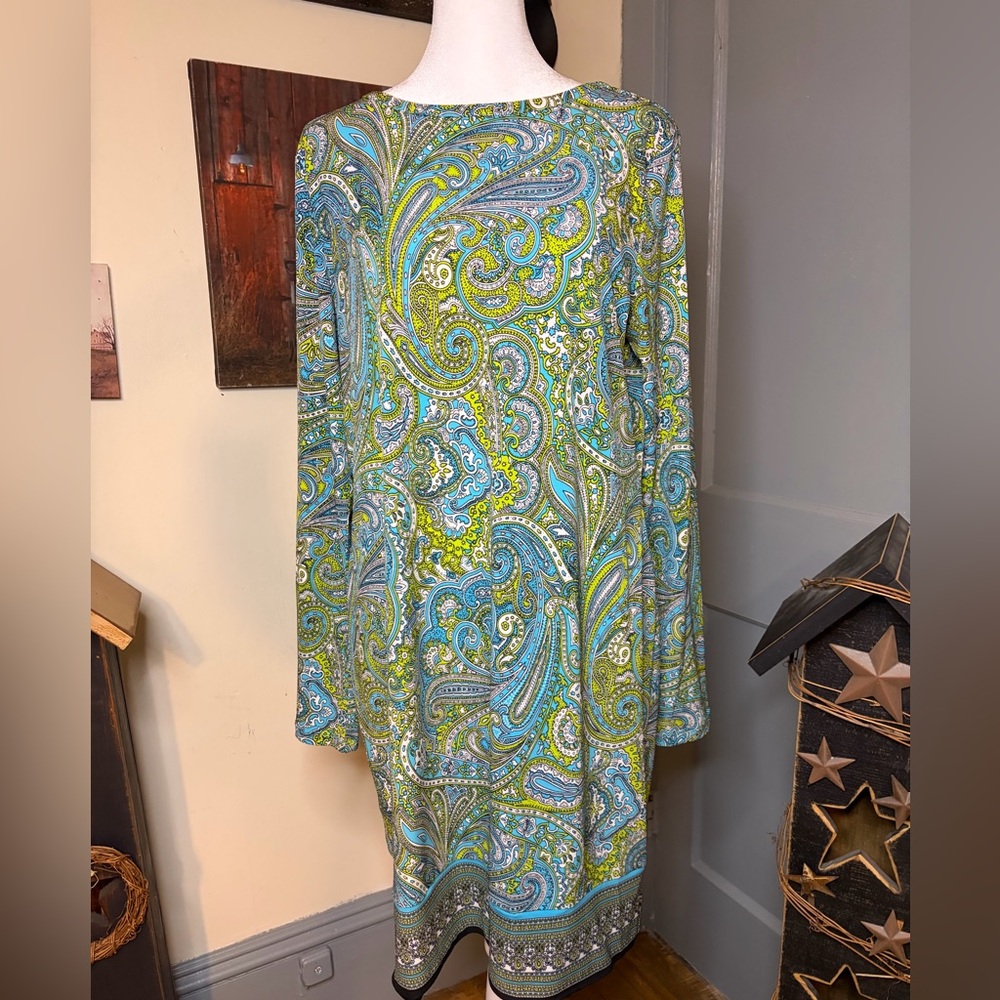 Michael Kors Blue and Green Paisley Long Sleeve Dress